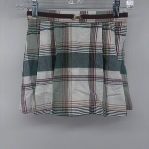 Plaid Mini Skirt with Belt Preppy School‎ Girl Style Flared Green White size 8